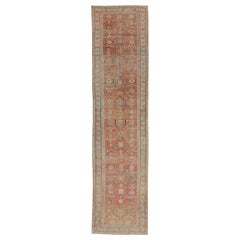 Malayer Antique Runner in Gray Blue, Coral, and Cream with All-Over Design