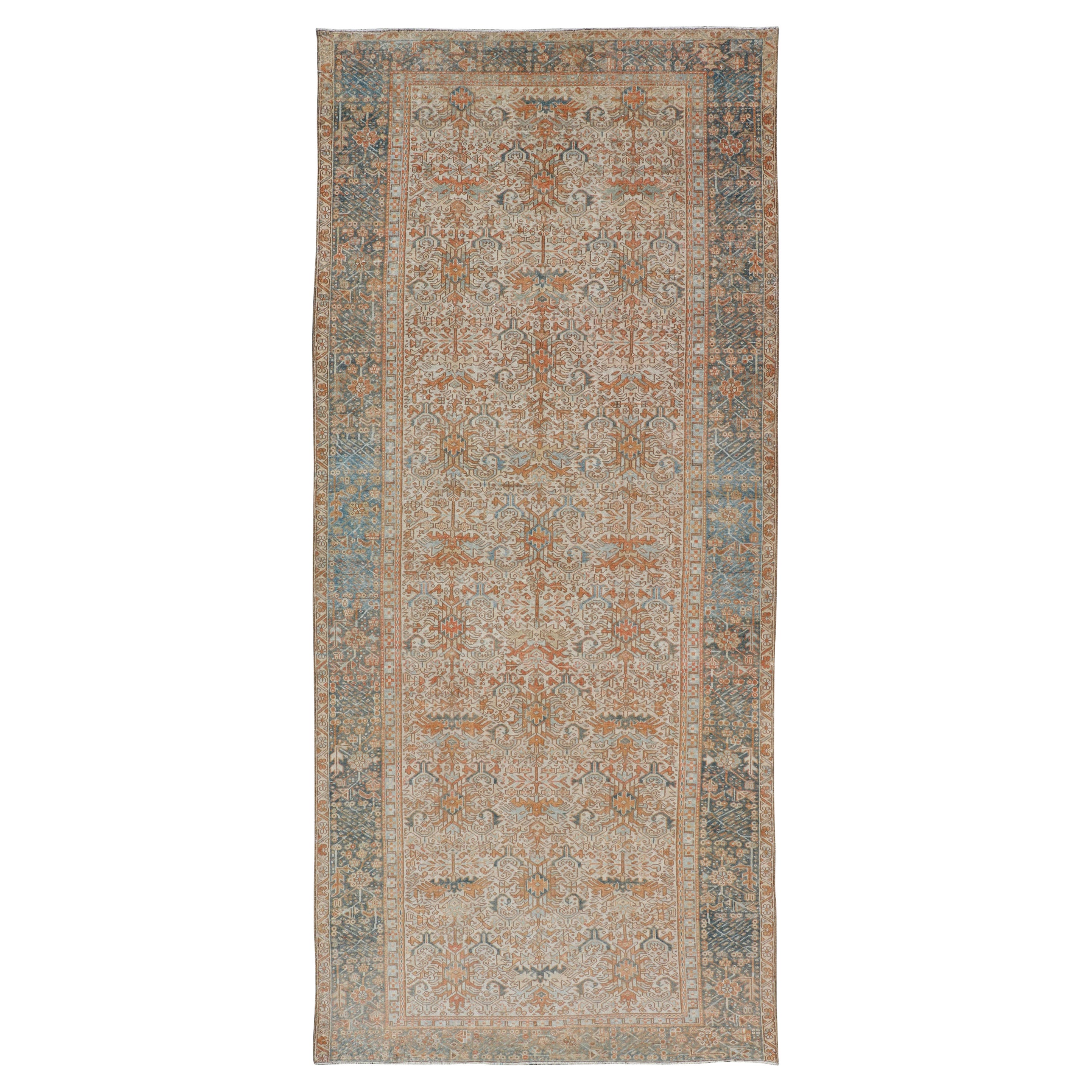 Antique Persian Gallery Heriz Rug with Geometric Design in Copper and Blue For Sale