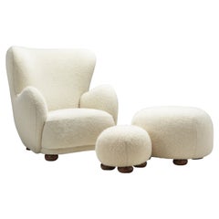 Danish Armchair and Ottomans with Stained Beech Bun Feet, Denmark, 1940s