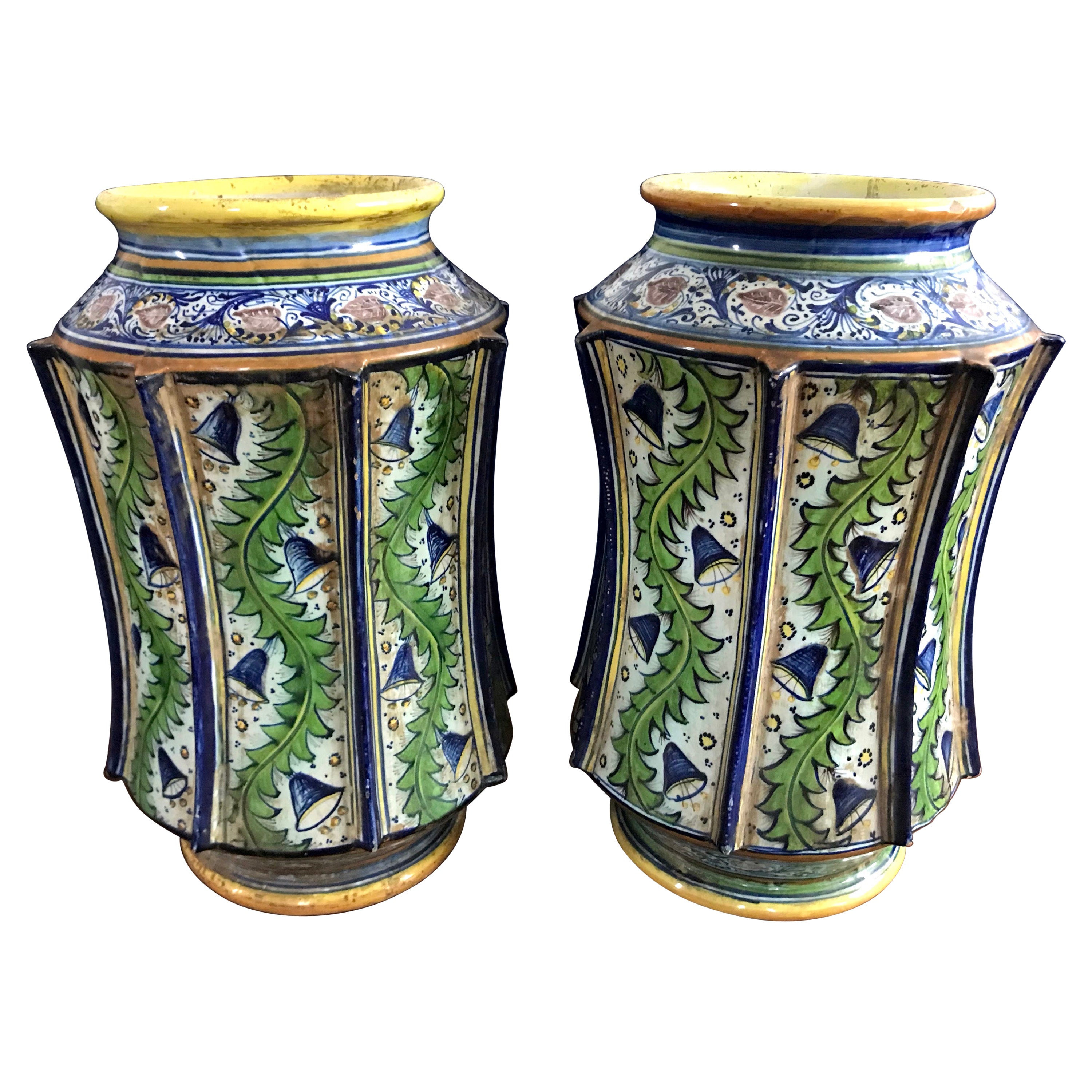 Pair Large Green and Blue Majolica Vases For Sale