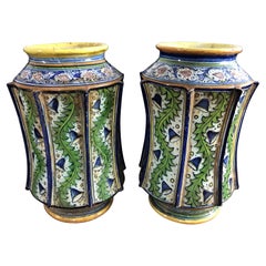 Antique Pair Large Green and Blue Majolica Vases