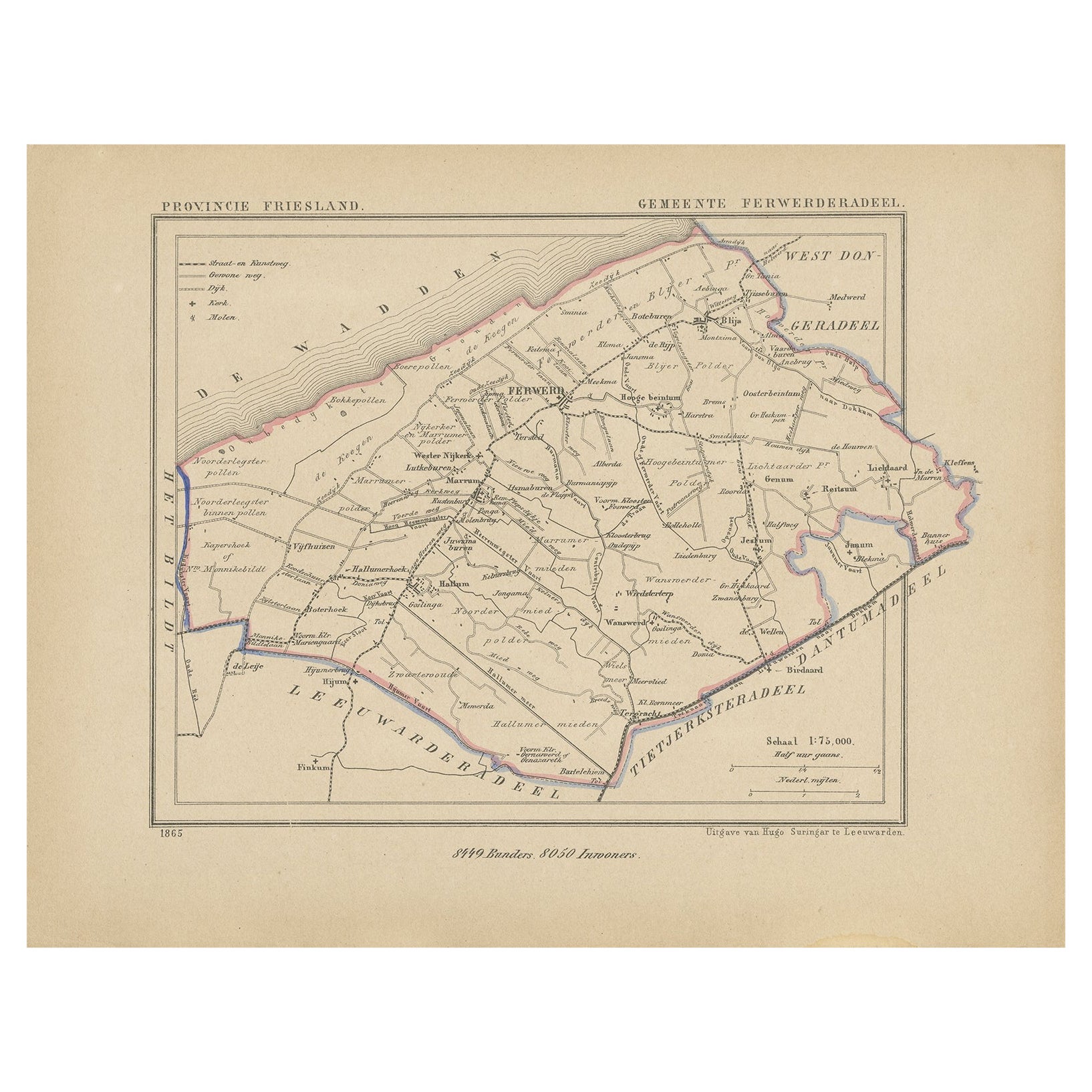 Antique Map of Ferwerderadeel, Friesland, the Netherlands, 1868 For Sale