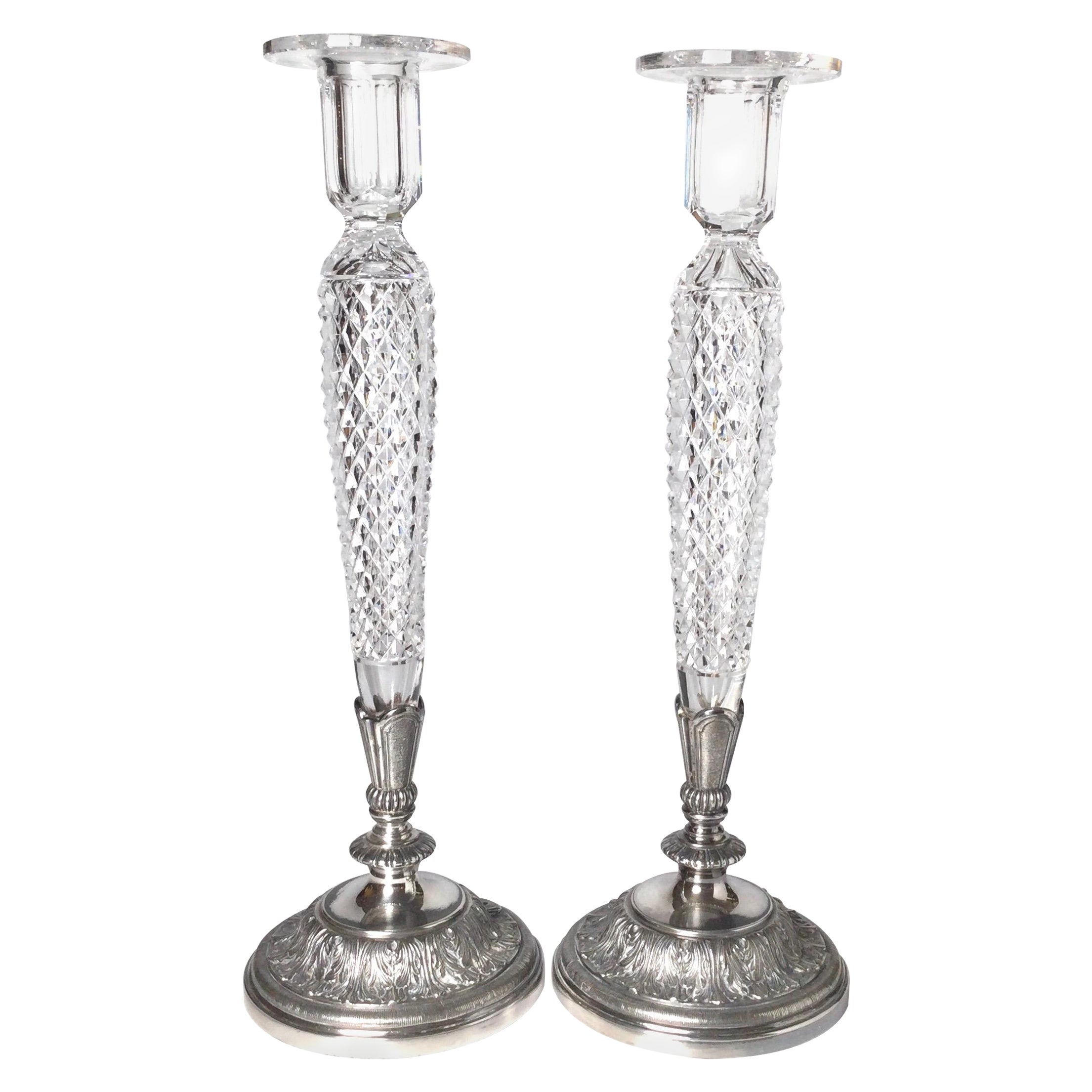 Pair of Pair Pont Cut Glass and Silver Plate Tall Candlesticks