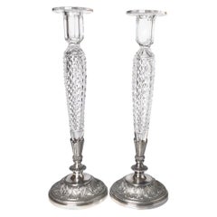 Antique Pair of Pair Pont Cut Glass and Silver Plate Tall Candlesticks