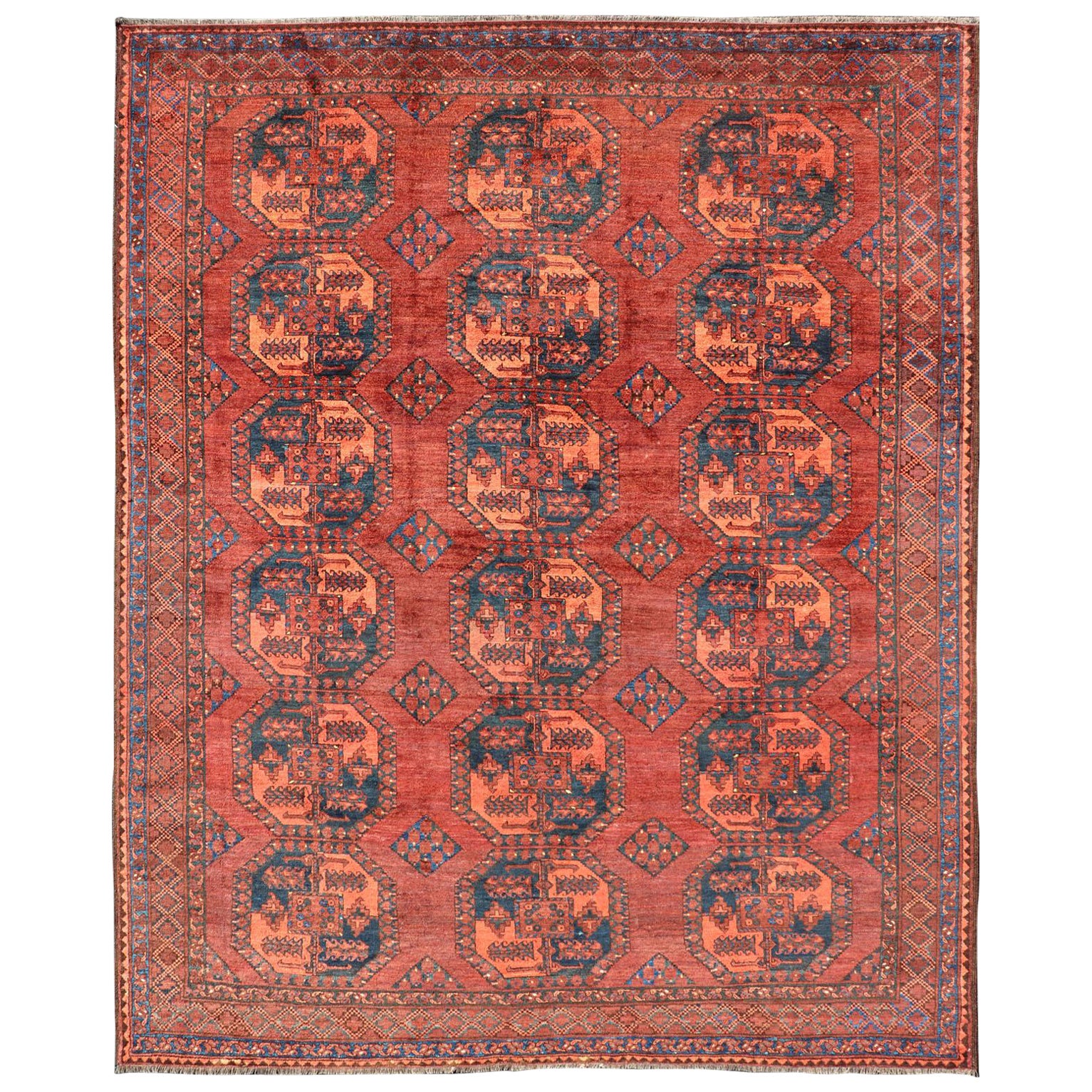 Hand-Knotted Turkomen Ersari Rug in Wool with Repeating Sub-Geometric Gul Design For Sale