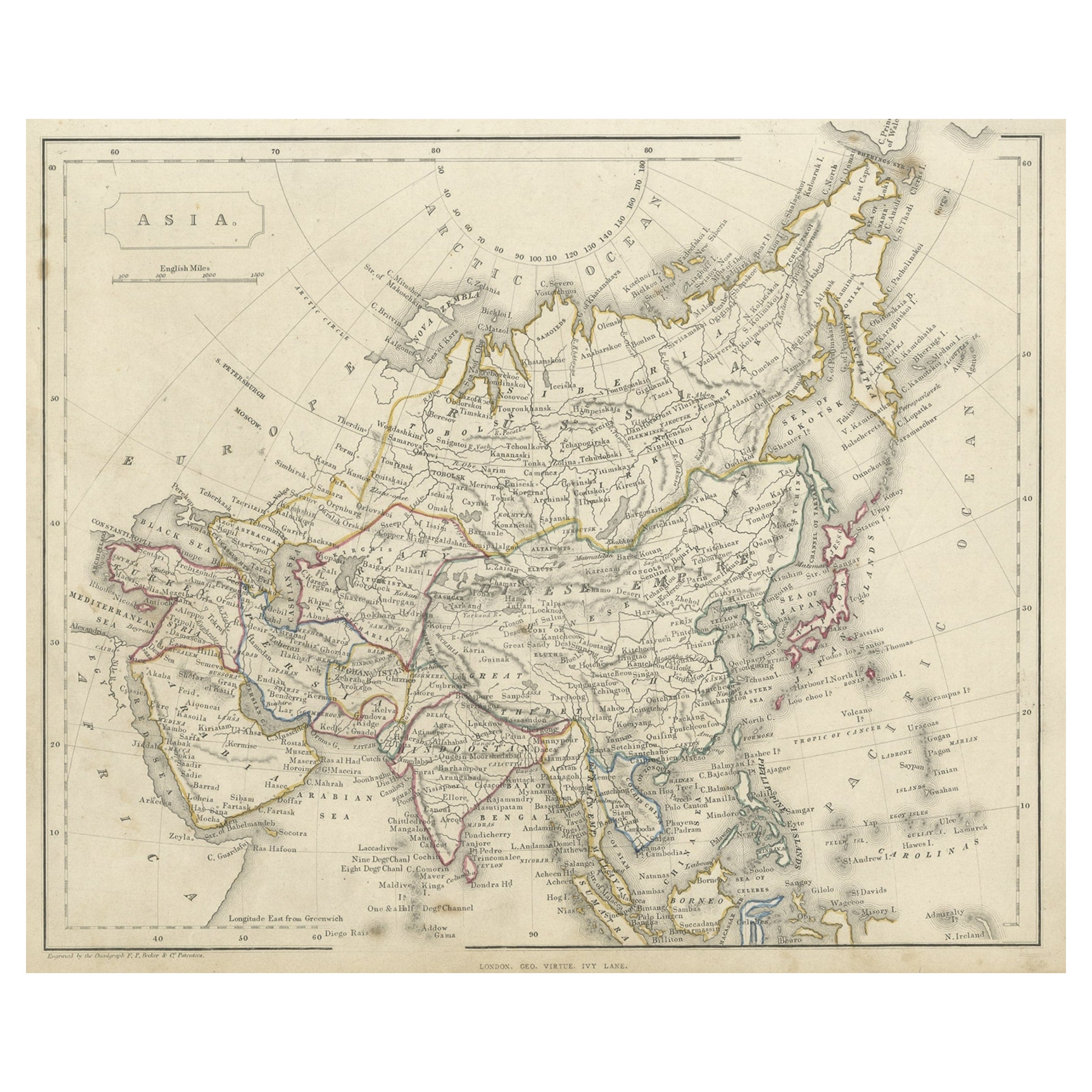 Carte ancienne d'Asie gravée en acier, c.1860 en vente