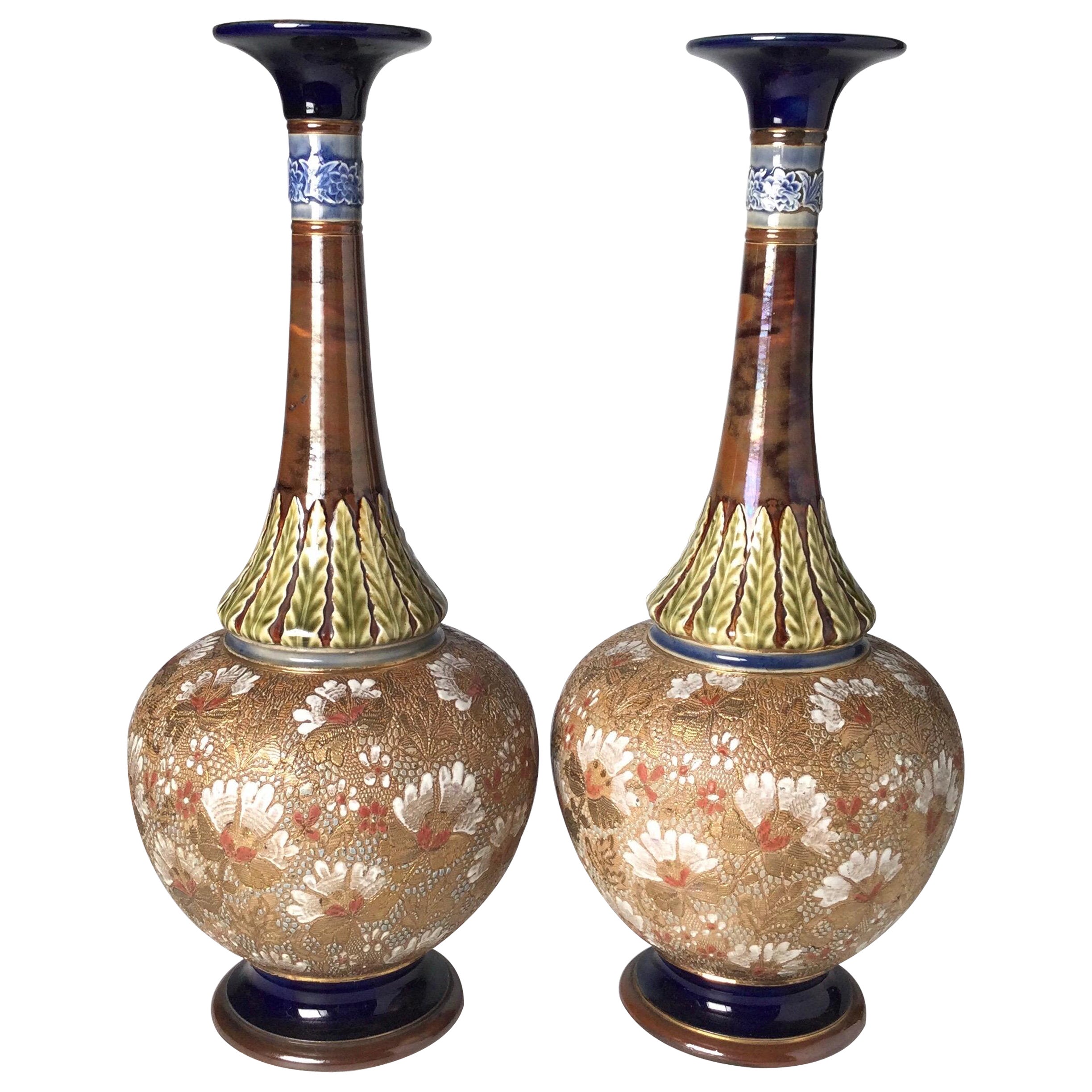 Pair of Royal Doulton Bruslem Art Nouveau Tall Vases