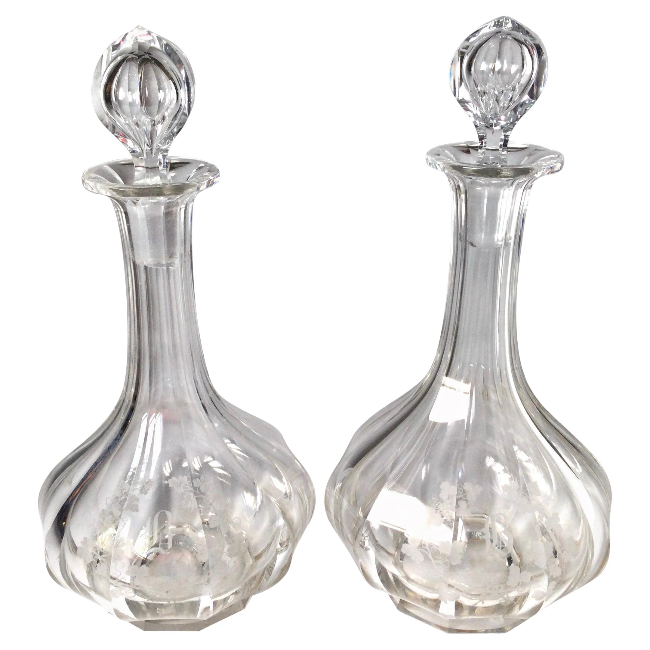 Pair of Circa 1900 Panel Cut and Engraved Decanters For Sale