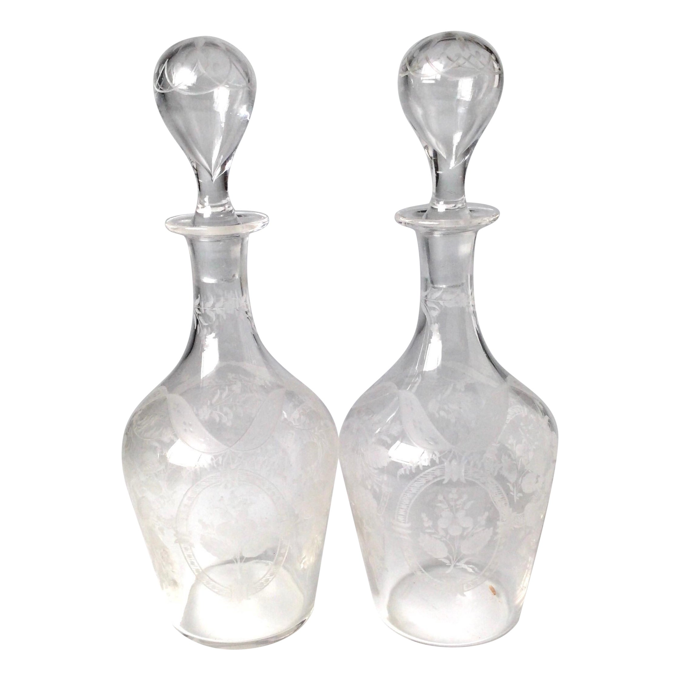 Pair of Diminutive Engraved Hand Blown Decanters
