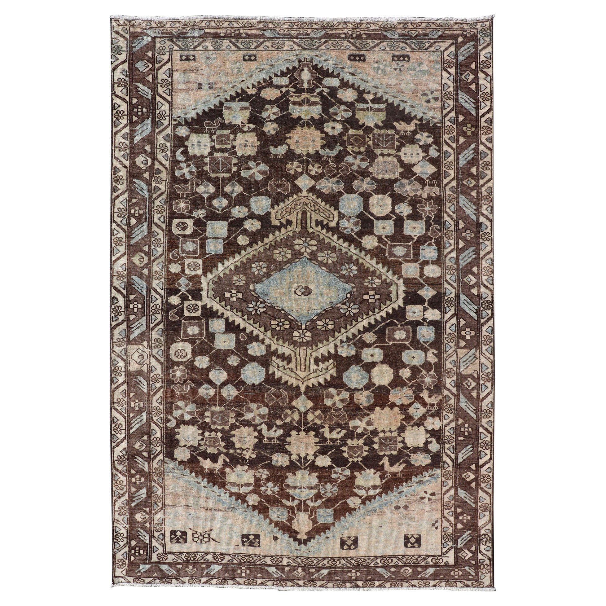Earthy Tone Vintage Persian Hamadan Rug with All-Over Pattern and Browns
