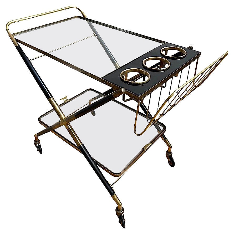 1950s Rare Bar Trolley of Black Lacquered Wood and Brass by Cesare Lacca