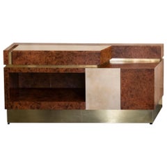 1970's Italian Sideboard / Dry Bar in Briar Wood Parchment and Brass Details