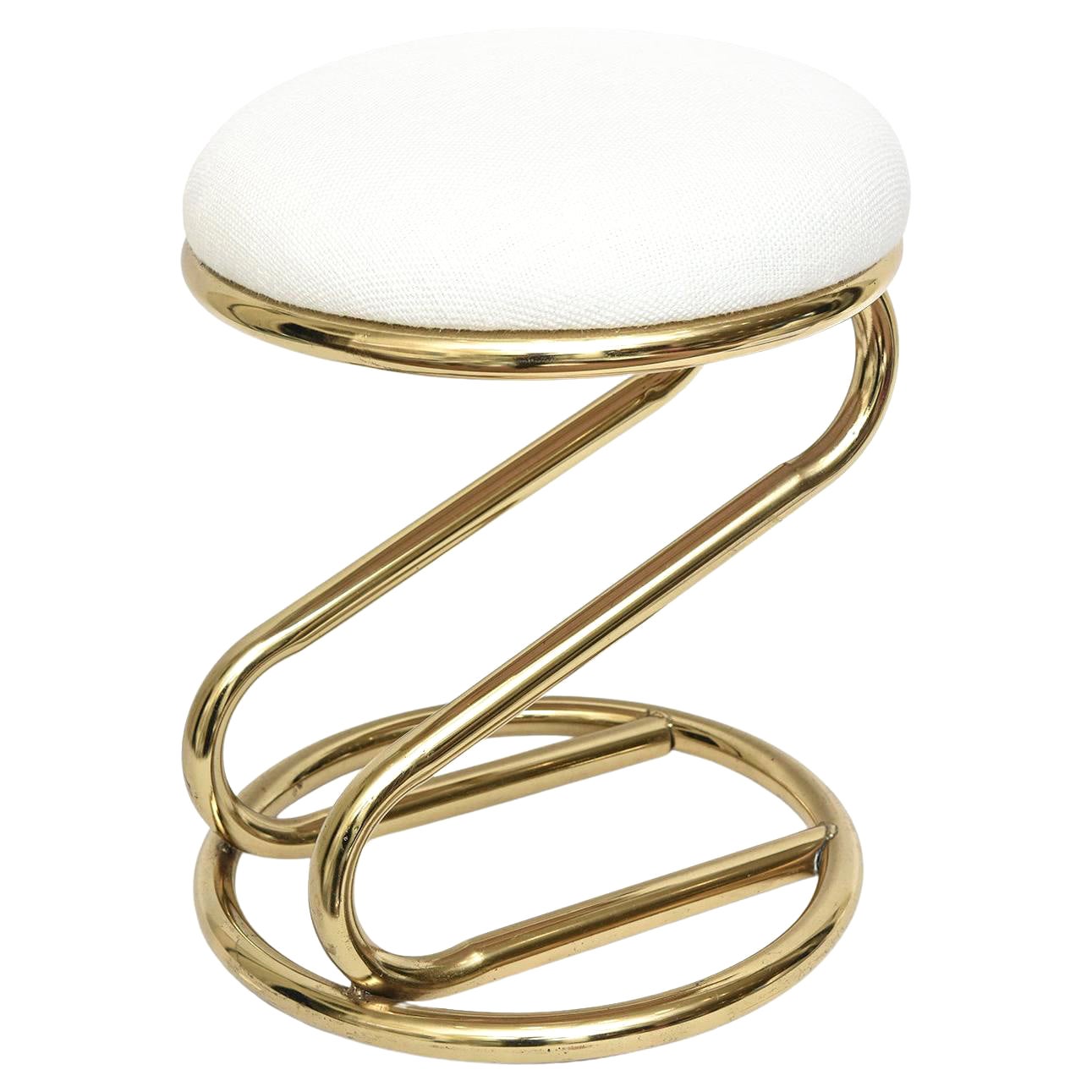 Vintage Brass over Steel and White Upholstered Zig Zag Stool For Sale