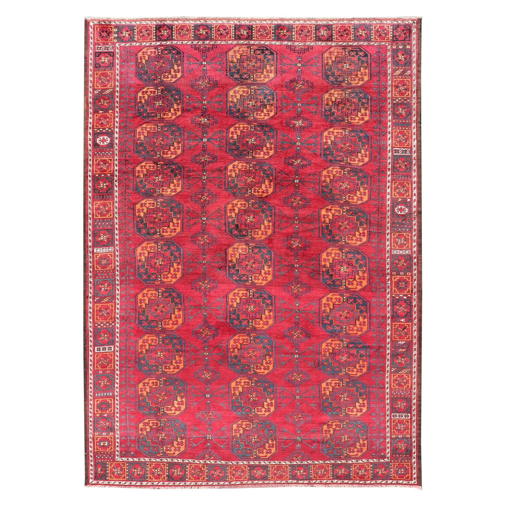 Antique Ersari Rug in Wool with Gul Design in Ivory, Blue, Red and Orange