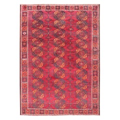 Antique Ersari Rug in Wool with Gul Design in Ivory, Blue, Red and Orange