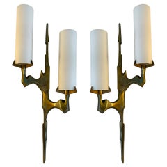 Pair of Gilt Bronze and Opaline Glass Sconces by Maison Arlus, France, 1960s