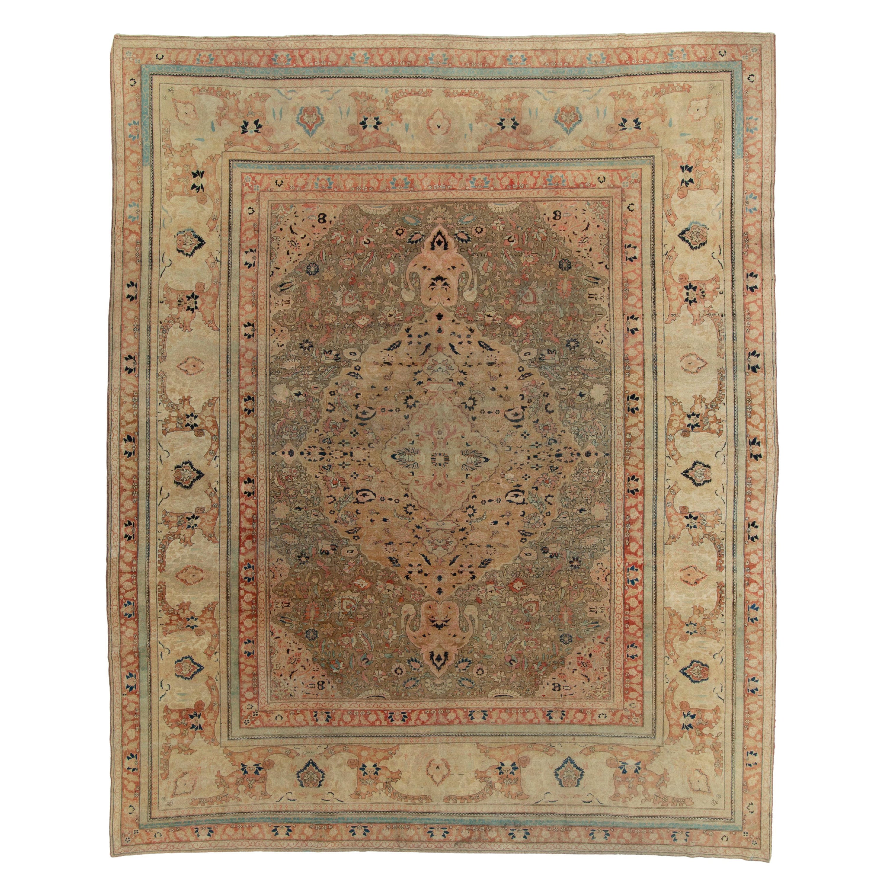 Hand-Knotted Antique Mohtashem Persian Rug in Beige-Brown, Red Medallion Pattern For Sale