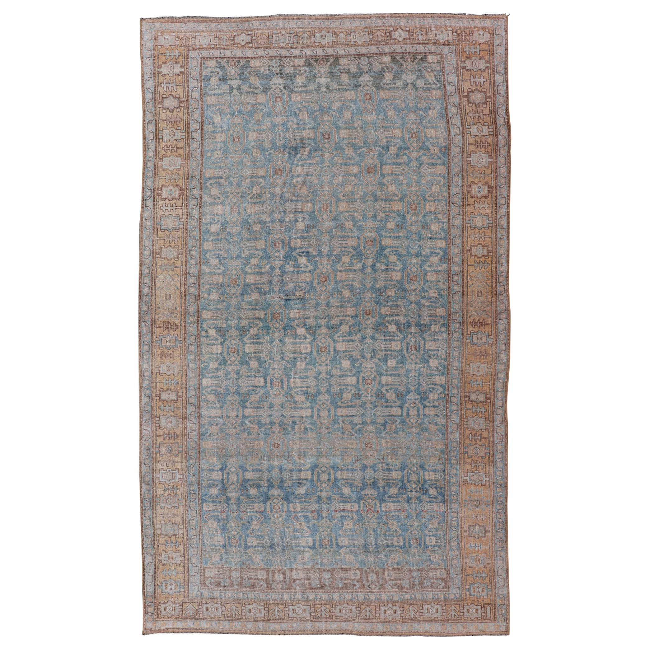 Antique Persian Bidjar Rug with All-Over Design in Light Blue and Orange