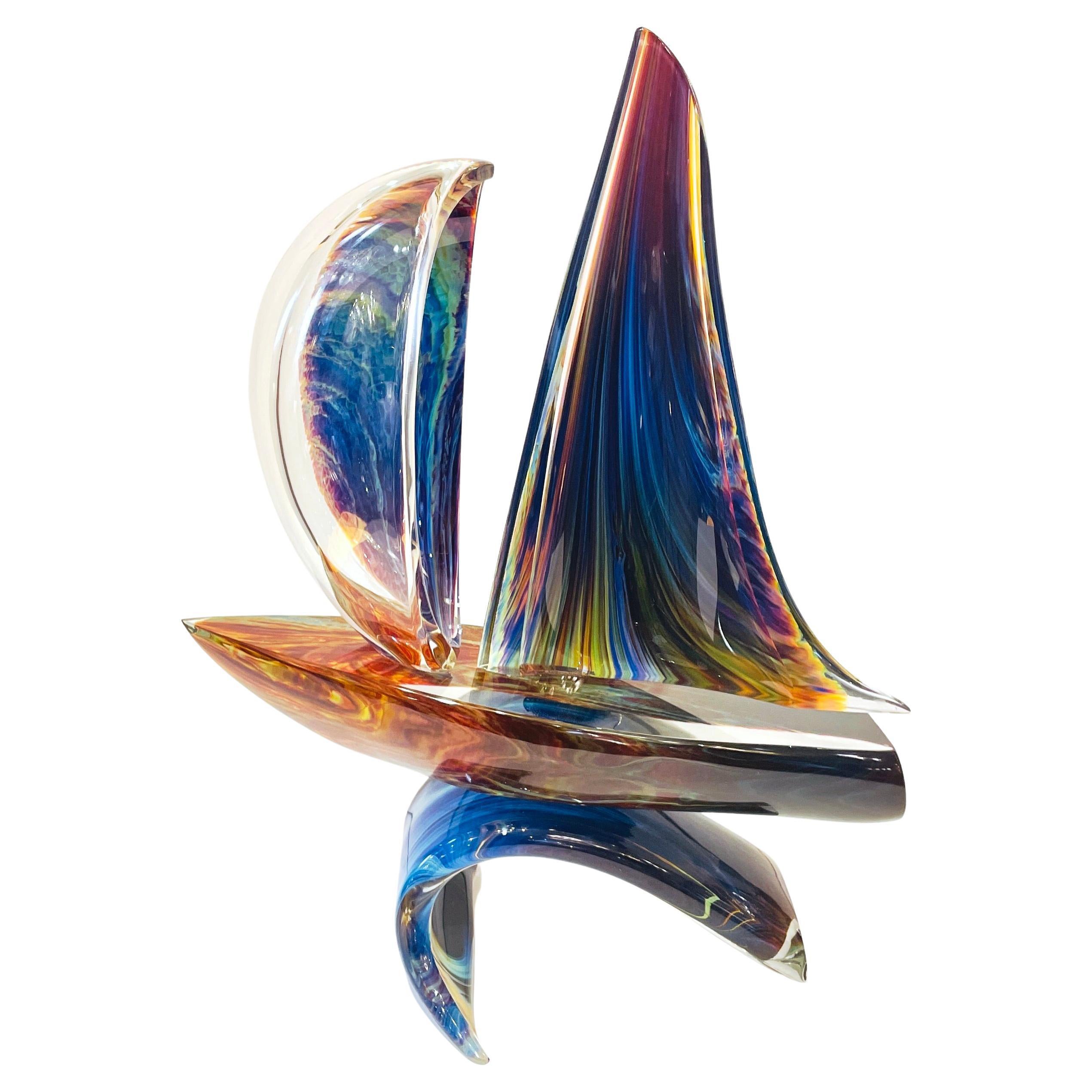 2015 Italian Yellow Blue Brown Crystal Murano Glass Boat Modernist Art Sculpture For Sale