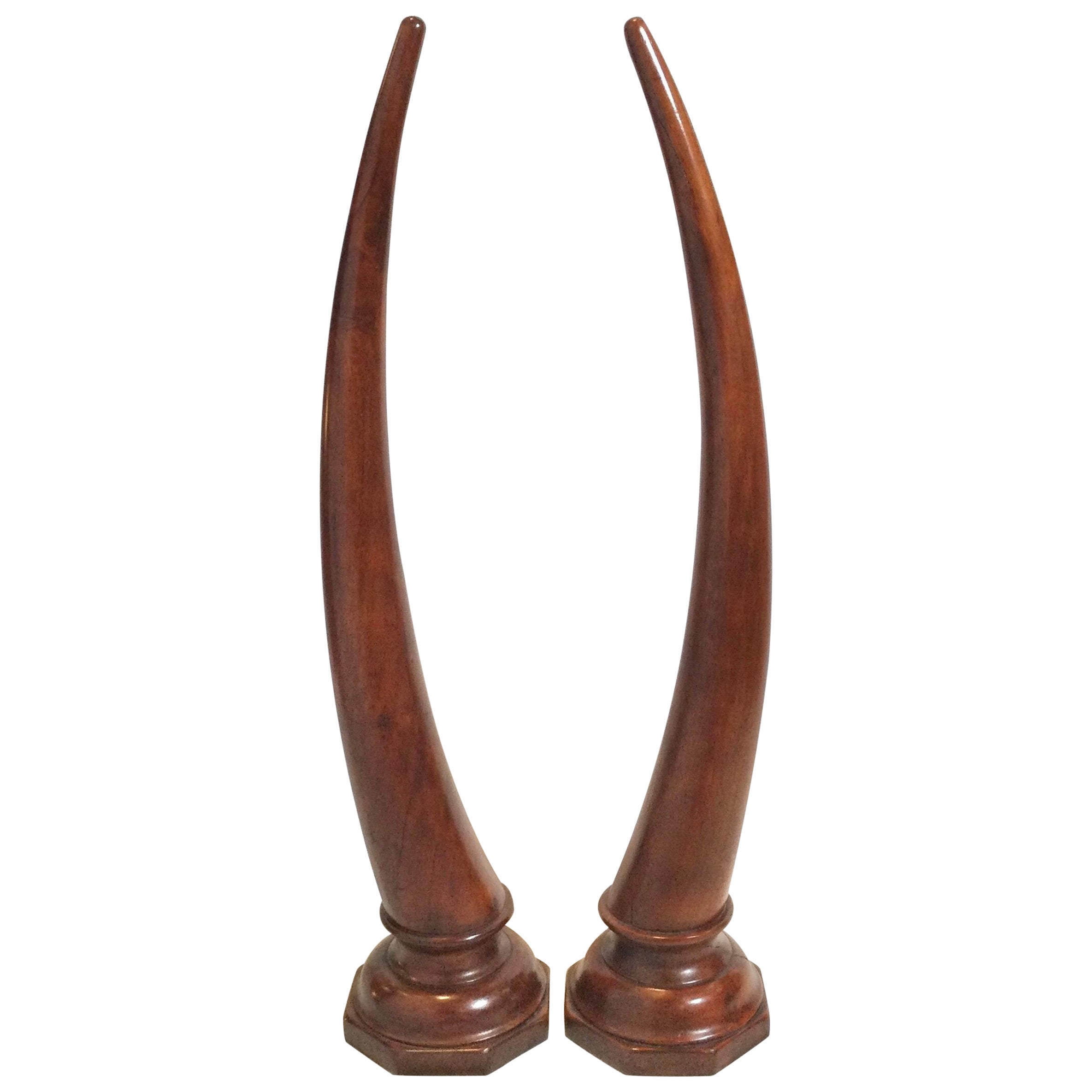 Pair of Large Carved Mahogany Tusks For Sale