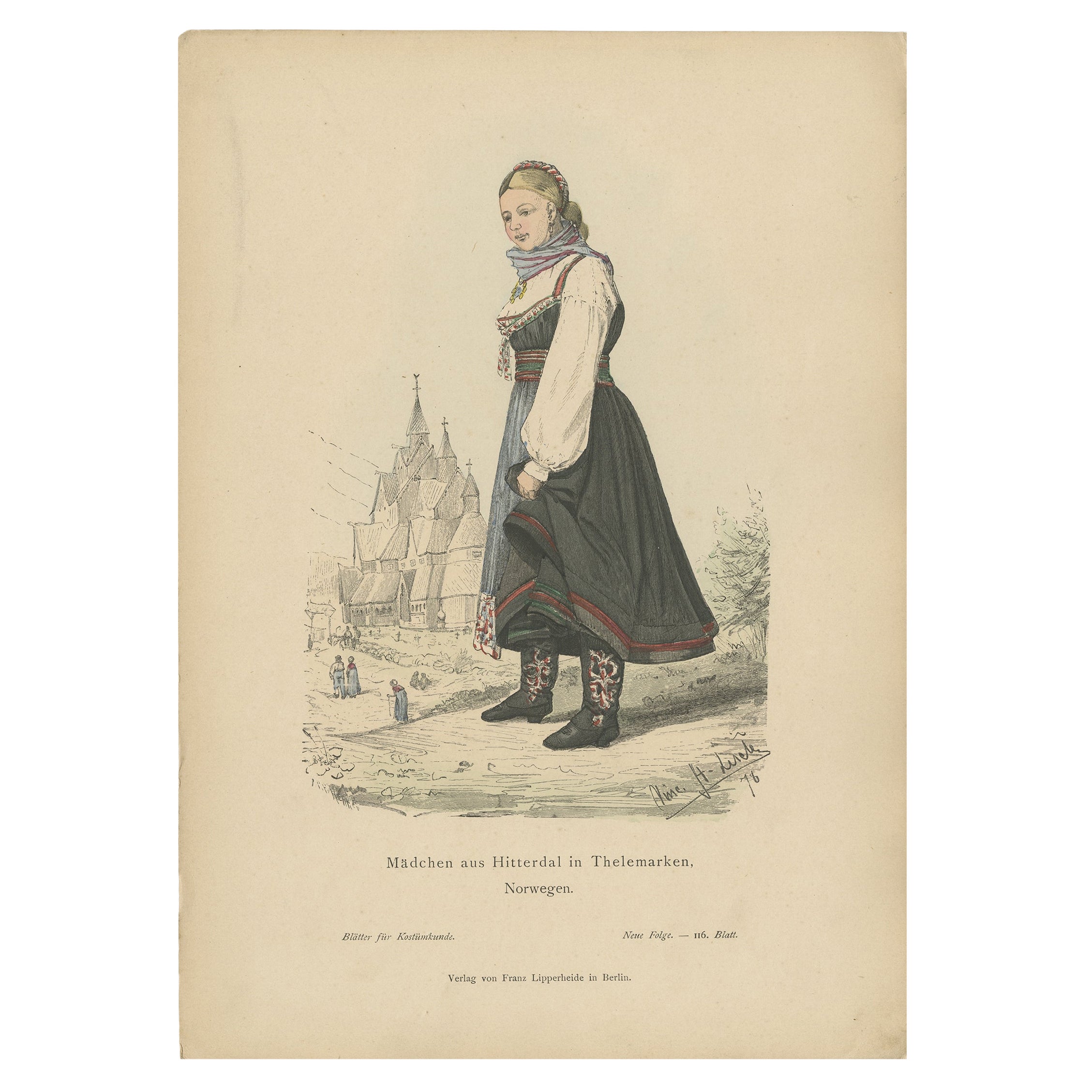 Antique Costume Print of a Girl from Telemark 'Norway', c.1880 For Sale