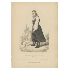 Antiker Kostümdruck eines Mädchens aus Telemark, Norwegen, um 1880