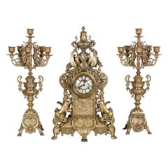 French Highly-Detailed Large Brass-Cased Garniture Set Clock Set