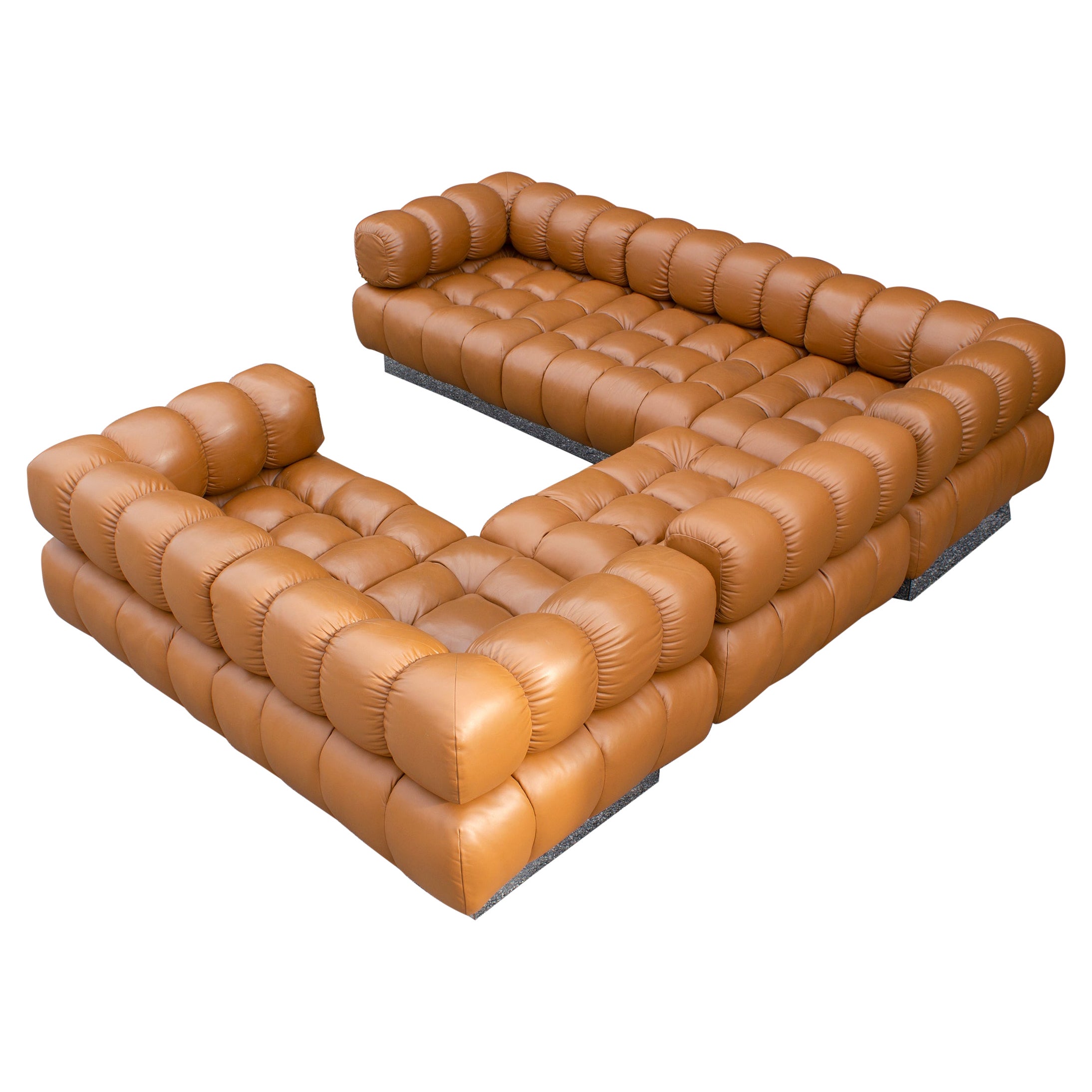 Harvey Probber Sectional Sofa in Cognac Leather 1970s Modular Deep Tuft Series