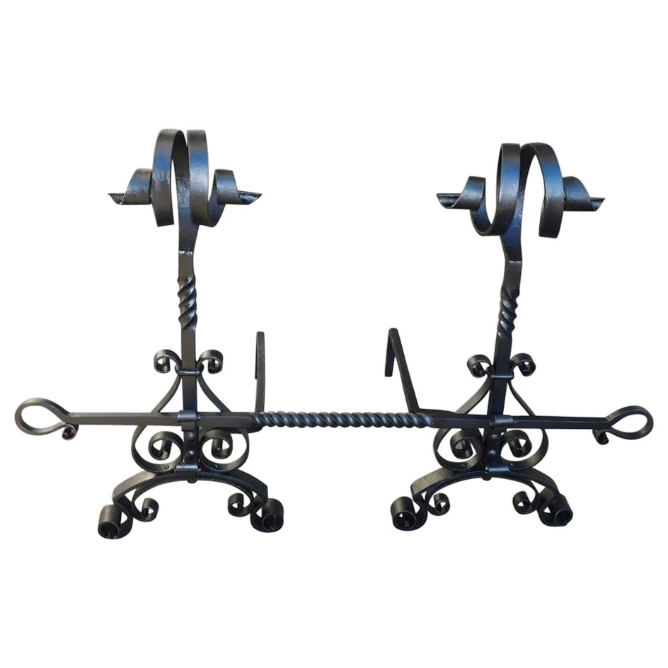Pair of American Wrought Iron Scrolled Finial Andirons with Cross Bar, C. 1840 For Sale
