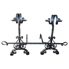 Antique Pair of American Wrought Iron Scrolled Finial Andirons with Cross Bar, C. 1840