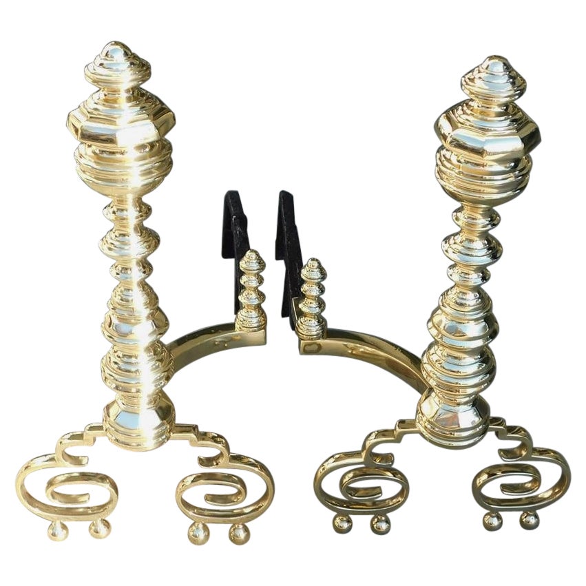 Pair of American Brass Faceted Finial Andirons with Scrolled Ball Legs, C. 1820 For Sale