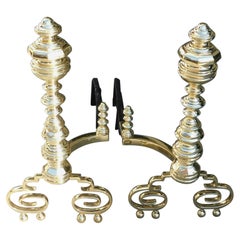 Pair of American Brass Faceted Finial Andirons with Scrolled Ball Legs, C. 1820