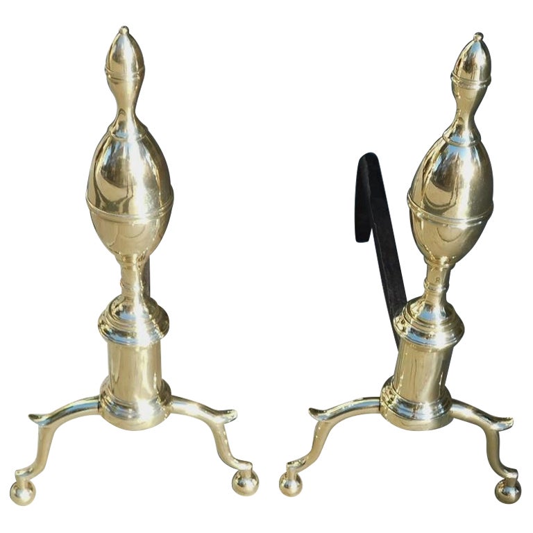 Pair of American Brass Lemon on Lemon Finial Andirons with Ball Feet, NYC, 1800 For Sale