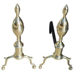 Antique Pair of American Brass Lemon on Lemon Finial Andirons with Ball Feet, NYC, 1800