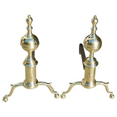 Pair of American Brass Ball Finial Andirons with Spur Legs & Ball Feet, C. 1810