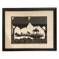 1990s Lady Gardening Silhouette in Black Frame