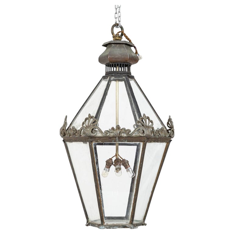 Large English Copper and Led Glazed Lantern For Sale at