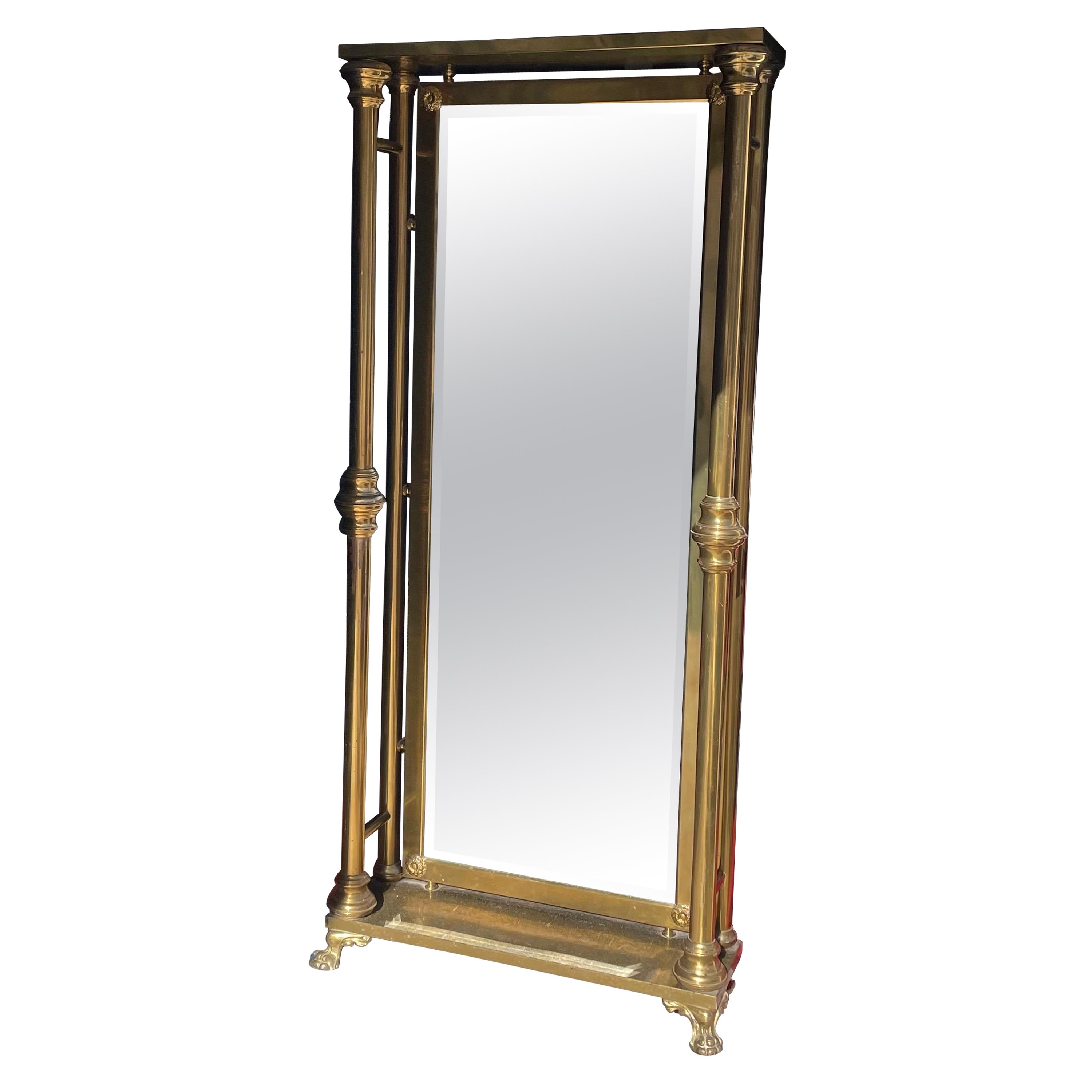 Monumental Art Deco Brass Free Standing Beveled Floor Mirror