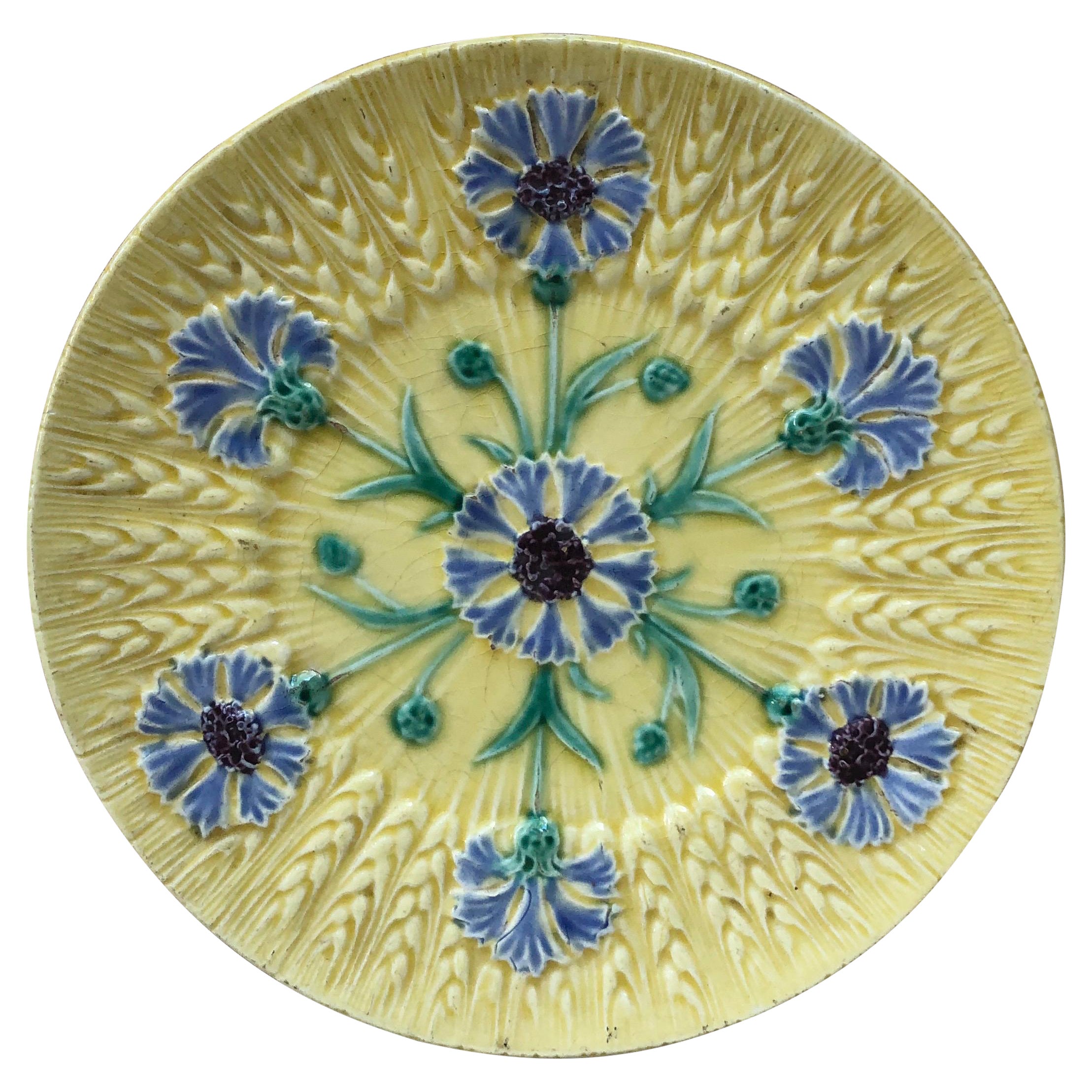 French Majolica Cornflower Plate Sarreguemines, Circa 1890