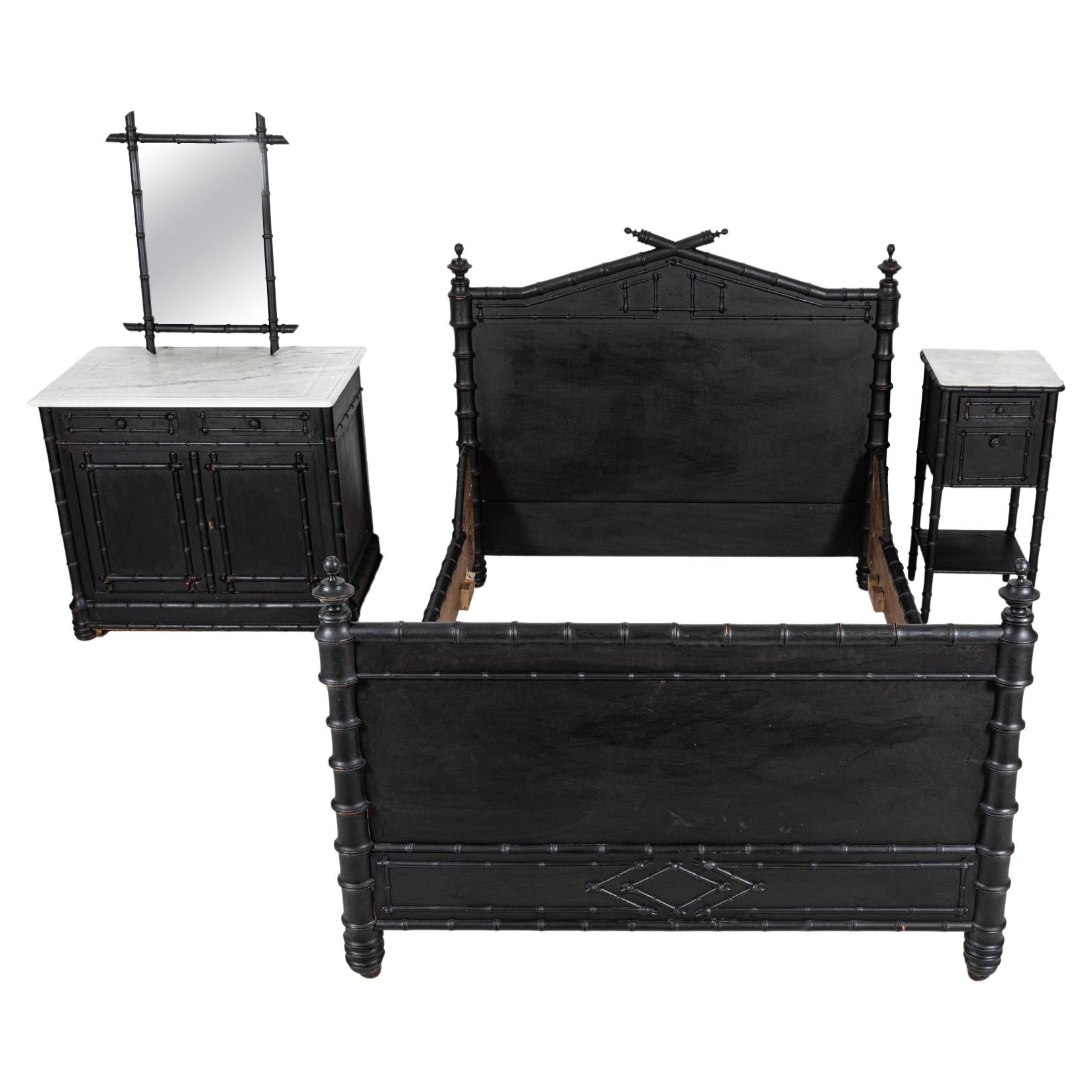 19thC French Ebonised Faux Bamboo Bedroom Suite