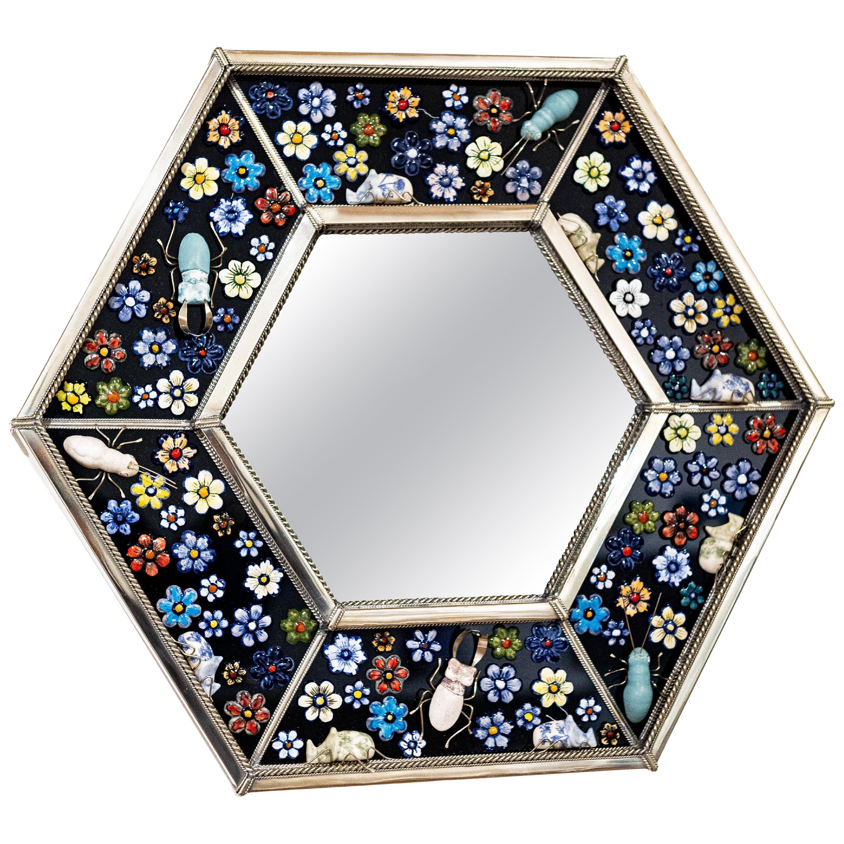 Hexagonal Mirror, Hand Painted Ceramic Flowers and Insects over White Metal
