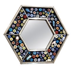 Exagonal Mirror, Hand Painted Ceramic Flowers and Insects over White Metal