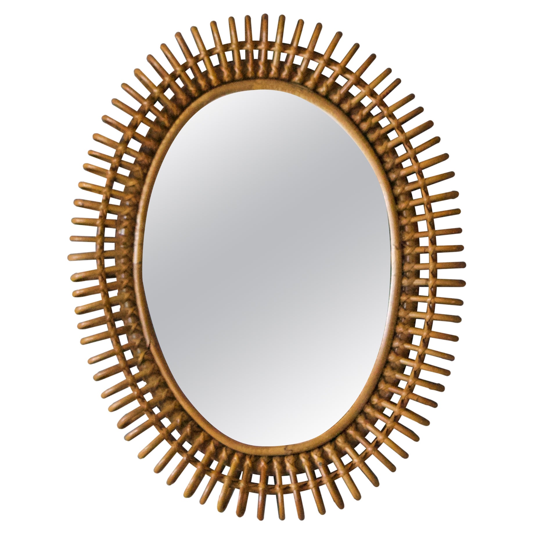 Italian Designer, Wall Mirror, Rattan, Bamboo, Mirror Glass, Italy, 1950s