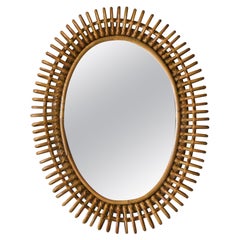 Italian Designer, Wall Mirror, Rattan, Bamboo, Mirror Glass, Italy, 1950s