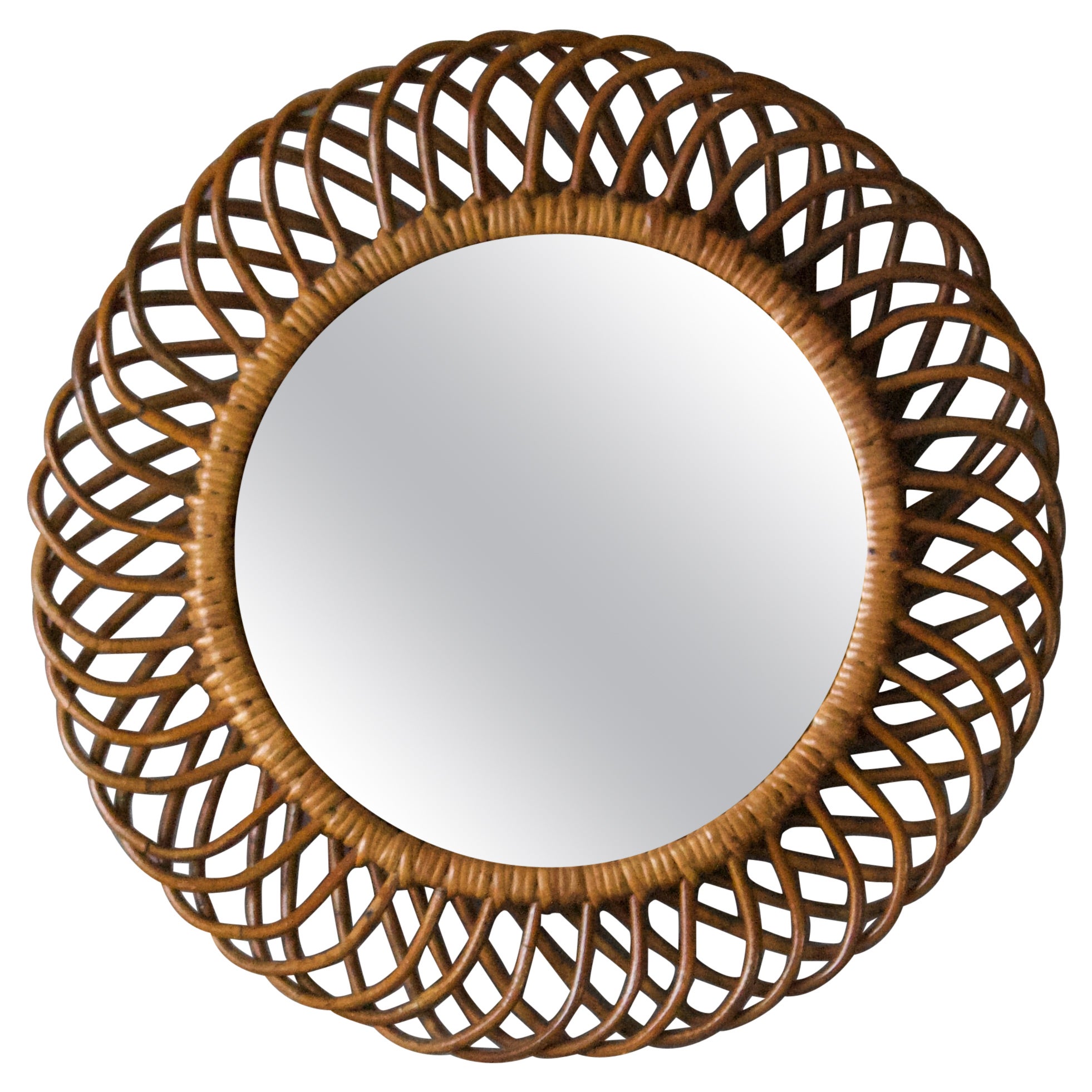Italian Designer, Wall Mirror, Rattan Bamboo, Mirror Glass, Italy