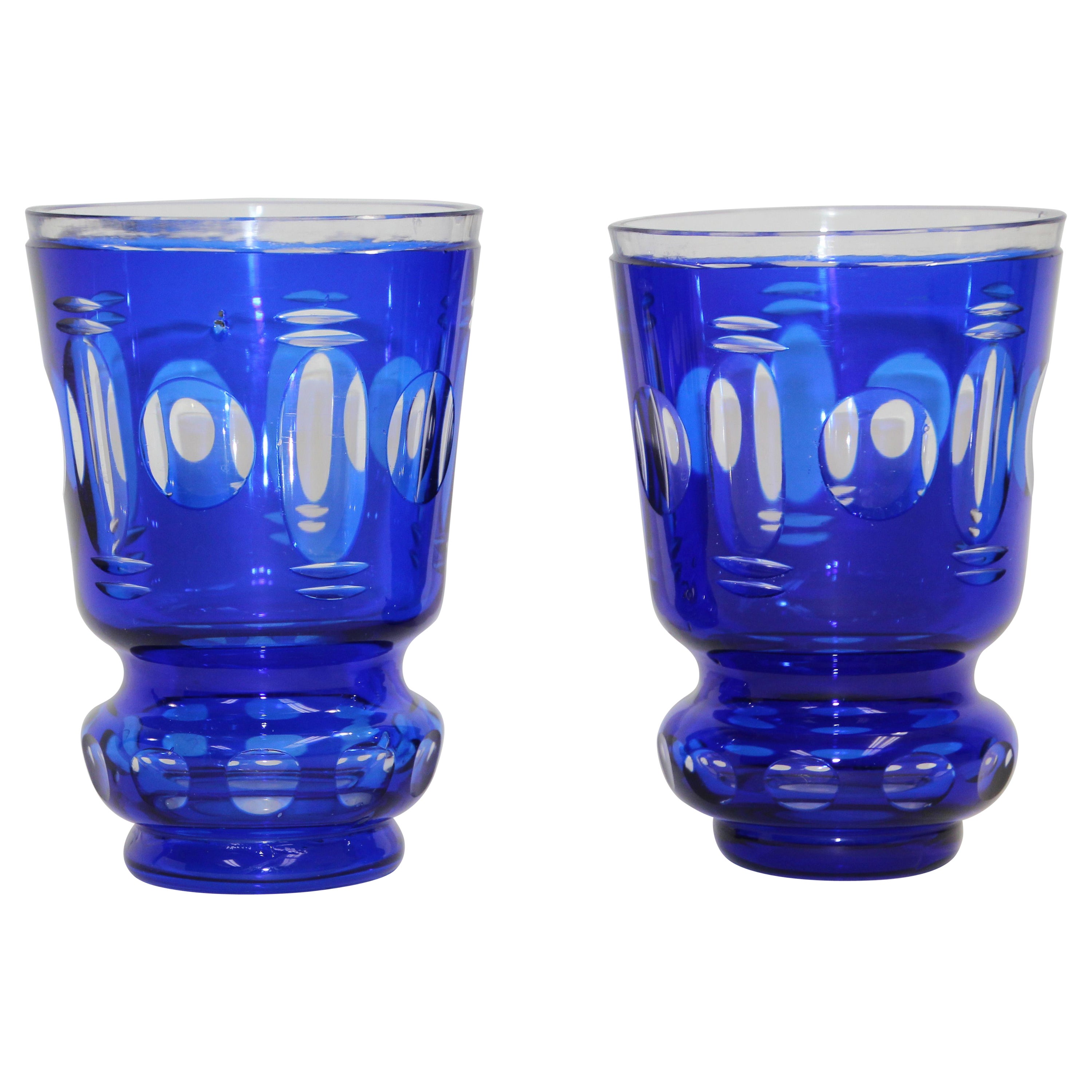 Bohemian Cobalt Blue Cut to Clear Glass Crystal Vases