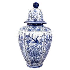 Large Vintage Dutch Delft Faience Chinoiserie Lidded Bird Vase