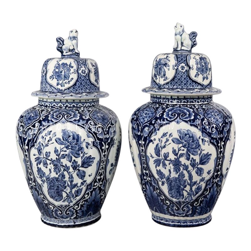 Large Antique Dutch Delft Lidded Ginger Jars Vases, Set of 2