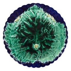 Antique English Majolica Cobalt Blue & Green Grape Leaf Plate