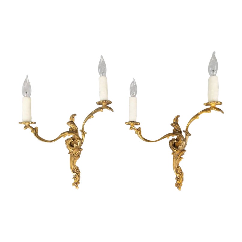 Pair of Antique French Gilded Bronze Two Light Candelabras Sconces